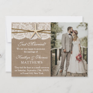 Rustieke zeesterren strand bruiloft foto huwelijk aankondiging