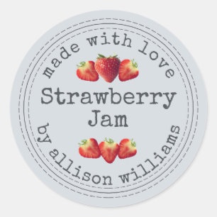 Rustieke zelfgemaakte aardbeienjam pastelblauw ronde sticker