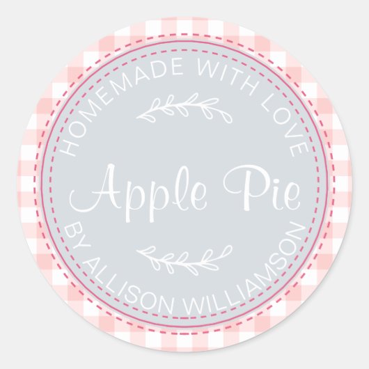 Rustieke zelfgemaakte appeltaart Blauw Roze geruit Ronde Sticker (Voorkant)