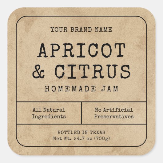 Rustieke Zelfgemaakte Jam Jar Square Label (Voorkant)