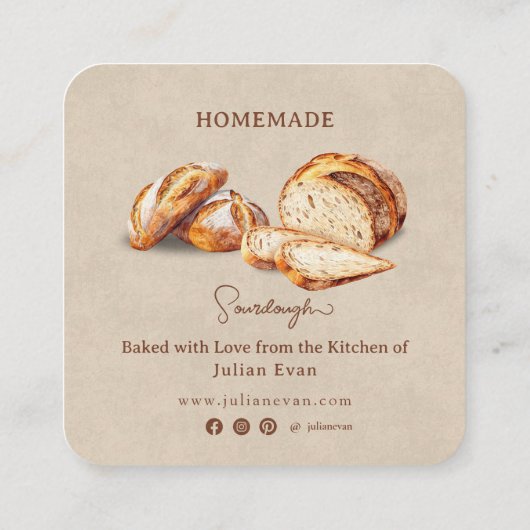 Rustieke zelfgemaakte zuurdesem brood zorg instruc vierkante visitekaartje (Achterkant)