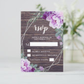 Rustieke zilveren & Paarse Bloemen Barnwood bruilo RSVP Kaartje (Staand voorkant)