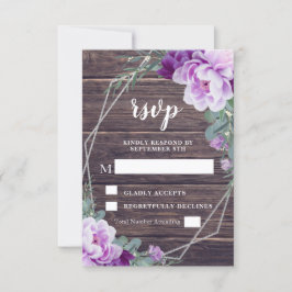Rustieke zilveren & Paarse Bloemen Barnwood bruilo RSVP Kaartje