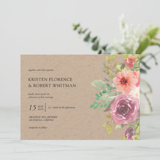 Rustieke Zomer Bloemen Kraft Huwelijksuitnodiging Kaart (Staand voorkant)