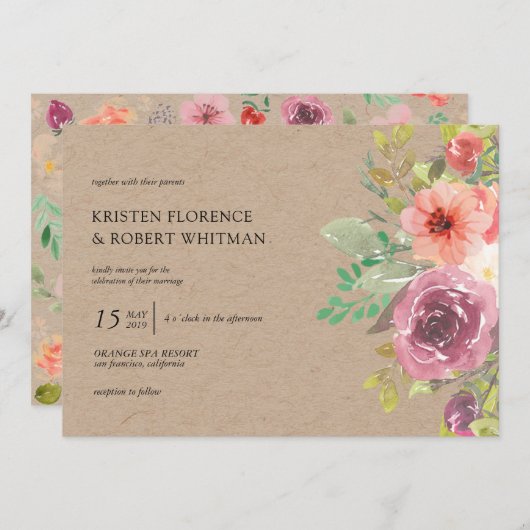 Rustieke Zomer Bloemen Kraft Huwelijksuitnodiging Kaart (Voorkant / Achterkant)