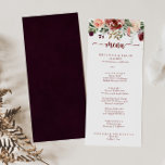 Rustieke zomer bloemenkalligrafie diner menu<br><div class="desc">Deze rustieke zomer bloemenkalligrafie diner menukaart is perfect voor een eenvoudige bruiloft. Het ontwerp is voorzien van bordeaux,  roze en blush waterverf met groene bladeren in een bruin gekleurde achtergrond. Dit menu kan worden gebruikt voor een huwelijksreceptie,  repetitiediner,  vrijgezellenfeest of een evenement.</div>