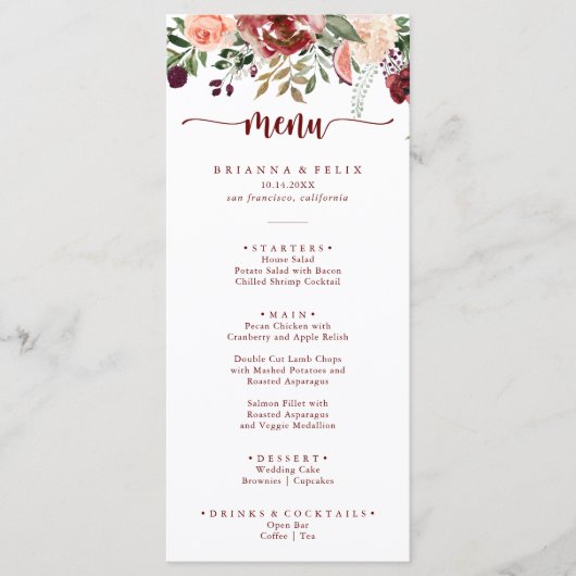 Rustieke zomer bloemenkalligrafie diner menu (Voorkant)