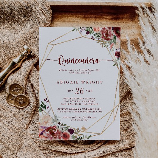 Rustieke zomer bloemenkalligrafie Quinceañera Kaart