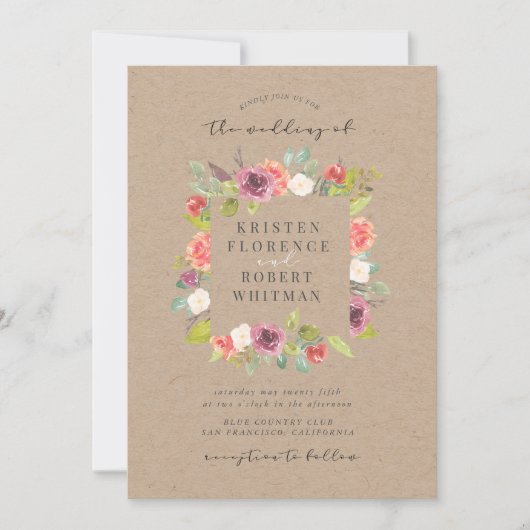 Rustieke zomer bloemenkrans bruiloft uitnodiging (Voorkant)