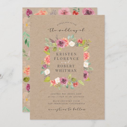 Rustieke zomer bloemenkrans bruiloft uitnodiging (Voorkant / Achterkant)