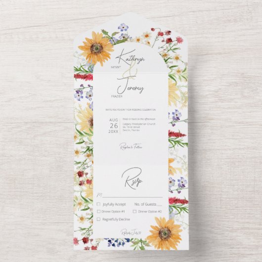Rustieke Zomer Wildbloemen Zonnebloemen Wit diner All In One Uitnodiging (Binnen)