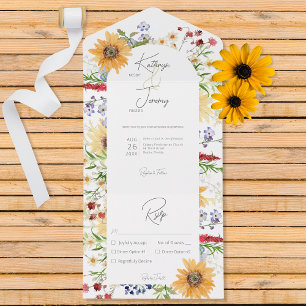 Rustieke Zomer Wildbloemen Zonnebloemen Wit diner All In One Uitnodiging