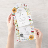 Rustieke Zomer Wildbloemen Zonnebloemen Wit QR Cod All In One Uitnodiging (Afscheurbaar)
