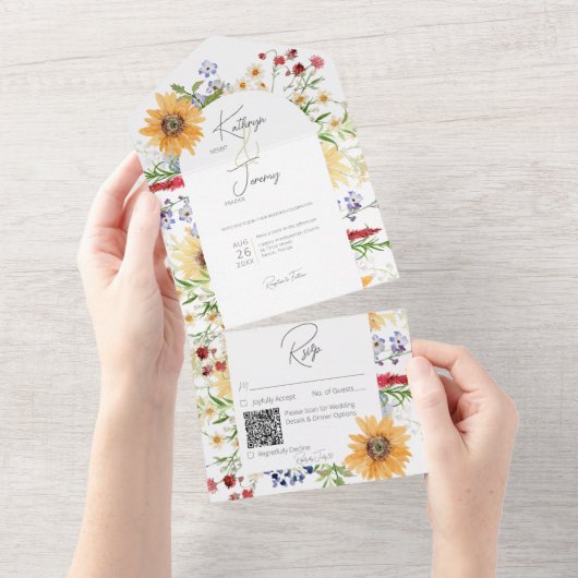 Rustieke Zomer Wildbloemen Zonnebloemen Wit QR Cod All In One Uitnodiging (Afscheurbaar)