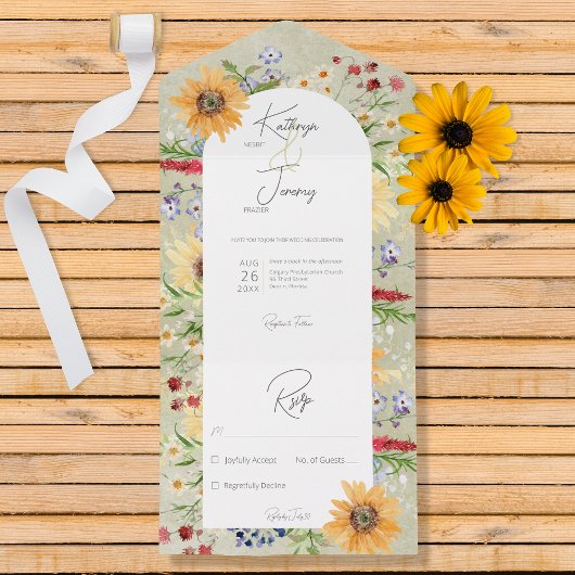 Rustieke Zomer Wildflower Zonnebloem Sage Geen Din All In One Uitnodiging