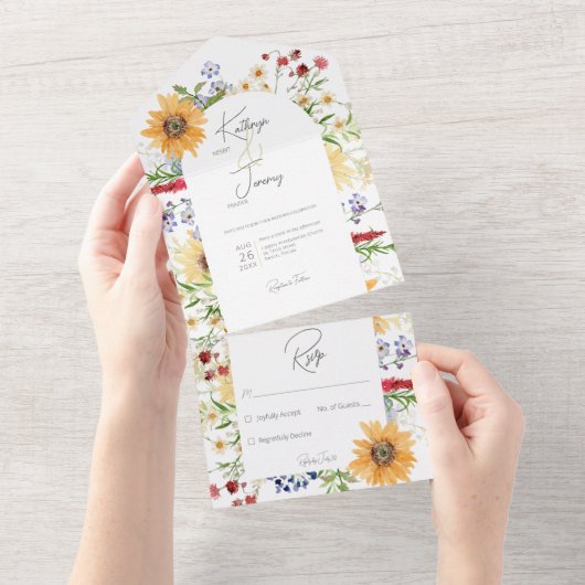 Rustieke Zomer Wildflower Zonnebloem Wit Geen dine All In One Uitnodiging (Afscheurbaar)