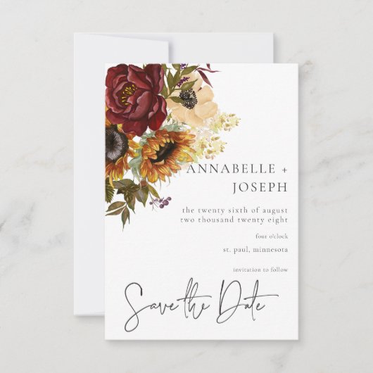 Rustieke Zomer Zonnebloemen & Bourgondische Bloeme Save The Date (Voorkant)