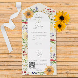 Rustieke zomerse wilde bloemen zonnebloemen Crème  All In One Uitnodiging