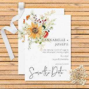 Rustieke zomerwilde bloemen & zonnebloemen save the date