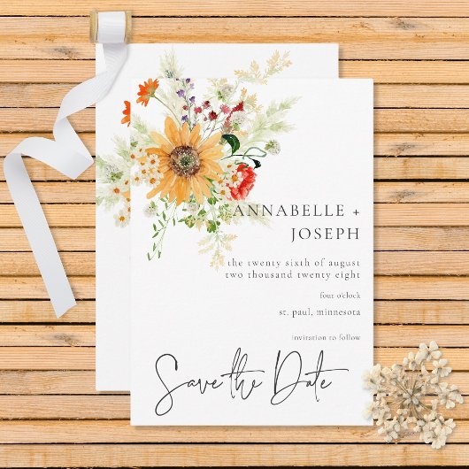 Rustieke zomerwilde bloemen & zonnebloemen save the date