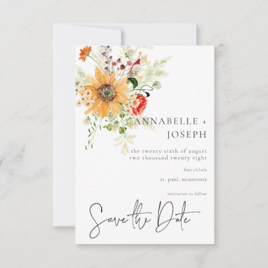 Rustieke zomerwilde bloemen & zonnebloemen save the date (Voorkant)
