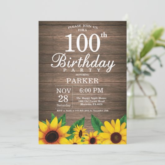 Rustieke Zonnebloem 100ste Verjaardag Uitnodiging (Staand voorkant)