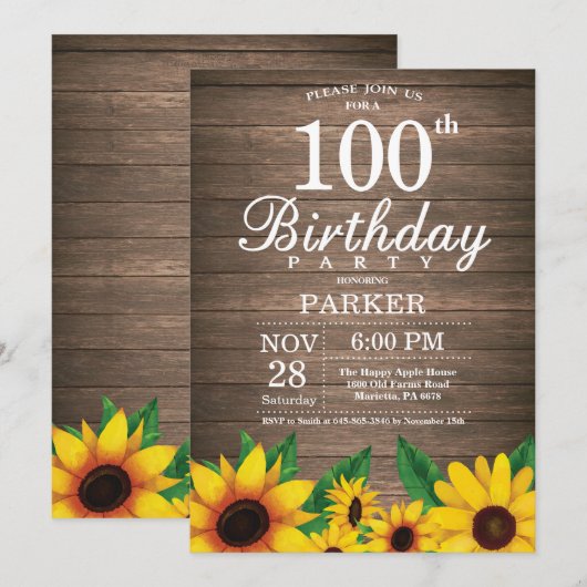 Rustieke Zonnebloem 100ste Verjaardag Uitnodiging (Voorkant / Achterkant)