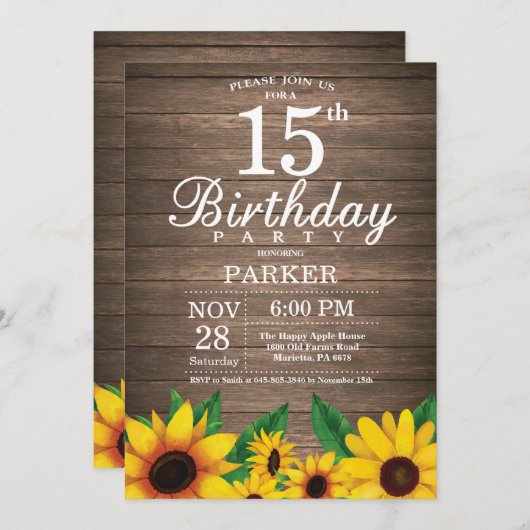 Rustieke Zonnebloem 15e verjaardag Uitnodiging (Voorkant / Achterkant)