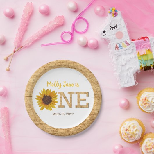 Rustieke Zonnebloem 1e Verjaardag Boho Waterverf Papieren Bordje (Feest)