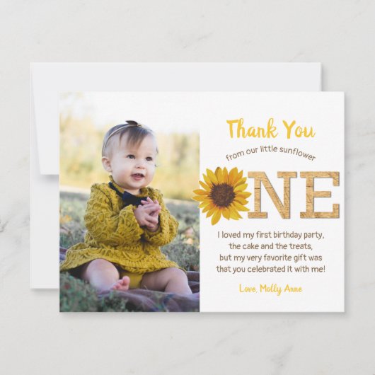 Rustieke Zonnebloem 1e Verjaardag Meisje Dank u Ka Bedankkaart (Voorkant)