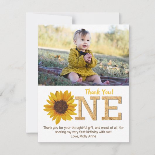 Rustieke Zonnebloem 1e Verjaardag Meisje Dank u Ka Bedankkaart (Voorkant)