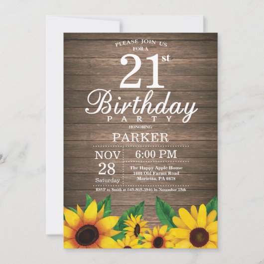 Rustieke Zonnebloem 21e Verjaardag Uitnodiging (Voorkant)