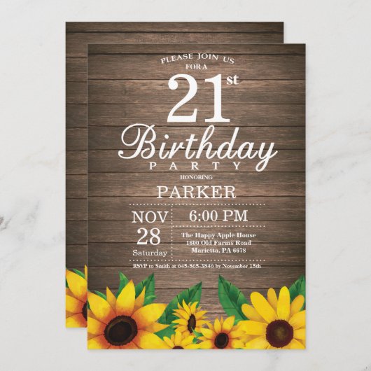 Rustieke Zonnebloem 21e Verjaardag Uitnodiging (Voorkant / Achterkant)