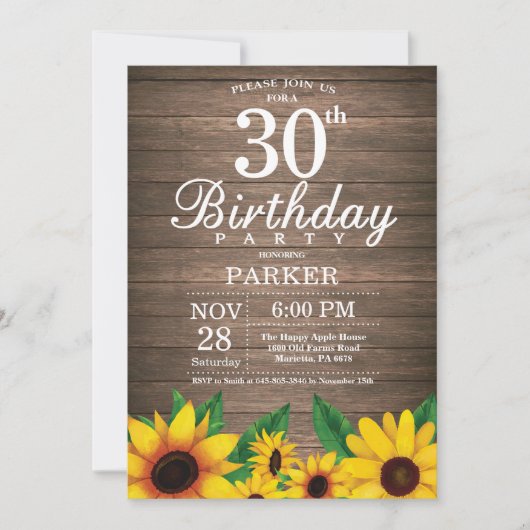 Rustieke Zonnebloem 30e Verjaardag Uitnodiging (Voorkant)
