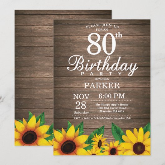 Rustieke Zonnebloem 80ste Verjaardag Uitnodiging (Voorkant / Achterkant)