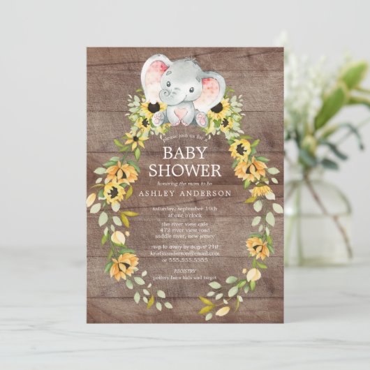 Rustieke Zonnebloem & Baby Olifant Meisjes Baby Sh Kaart (Staand voorkant)