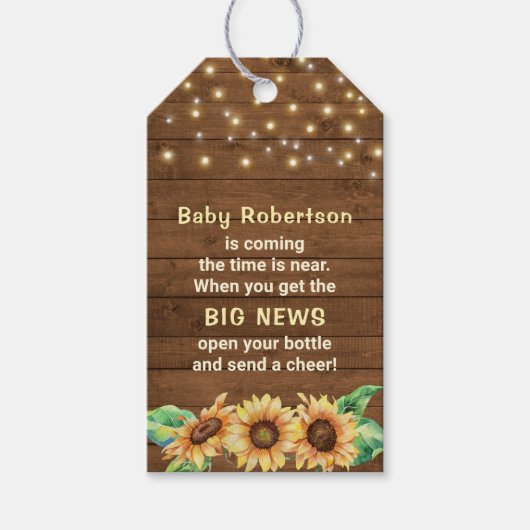 Rustieke Zonnebloem Baby shower Mini Flessengunst Cadeaulabel (Voorkant)