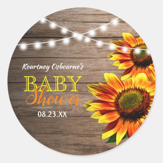 Rustieke Zonnebloem Baby Shower Ronde Sticker (Voorkant)