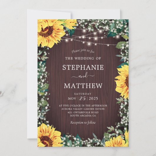 Rustieke Zonnebloem Baby's Breath Lights Bruiloft Kaart (Voorkant)