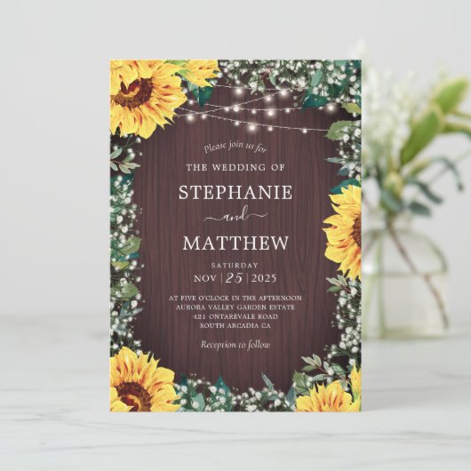 Rustieke Zonnebloem Baby's Breath Lights Bruiloft Kaart (Staand voorkant)