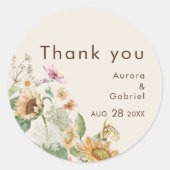 Rustieke Zonnebloem Beige Bruiloft Dank u Sticker (Voorkant)
