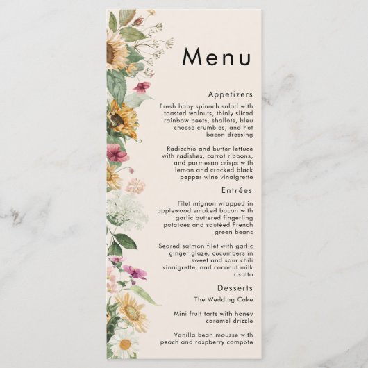 Rustieke Zonnebloem Beige Bruiloft Flat Menu (Voorkant)