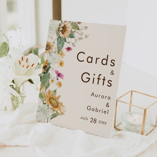Rustieke Zonnebloem Beige Bruiloft Kaarten en Gesc Reclamebord Met Voetstuk