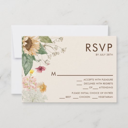 Rustieke Zonnebloem Beige Bruiloft Menu RSVP (Voorkant)