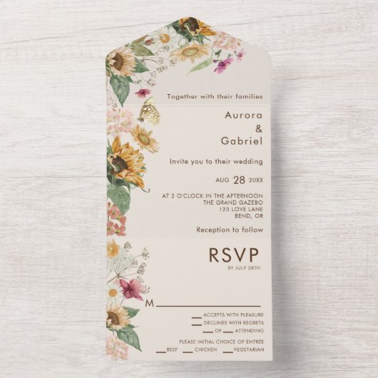 Rustieke Zonnebloem Beige Entree Keuze RSVP Bruilo All In One Uitnodiging (Binnen)
