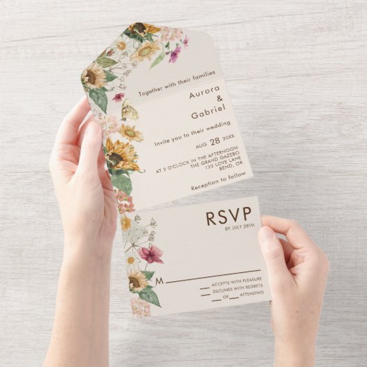 Rustieke Zonnebloem Beige Moderne Bruiloft All In One Uitnodiging (Afscheurbaar)
