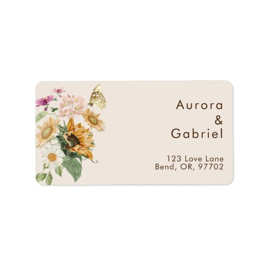 Rustieke zonnebloem beige trouwadreslabel etiket (Voorkant)
