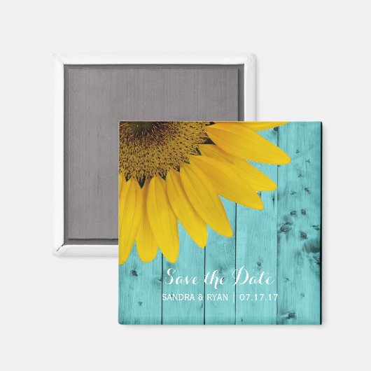Rustieke Zonnebloem Bewaar de Datum Turquoise Wood Magneet (Voorkant / Achterkant)