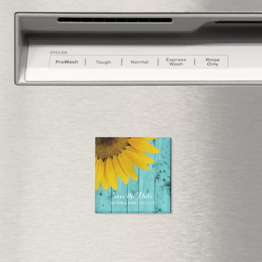 Rustieke Zonnebloem Bewaar de Datum Turquoise Wood Magneet (Insitu (Vaatwasser))