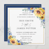 Rustieke Zonnebloem Blauw Bloemen Goud Trouwplein Kaart (Voorkant / Achterkant)